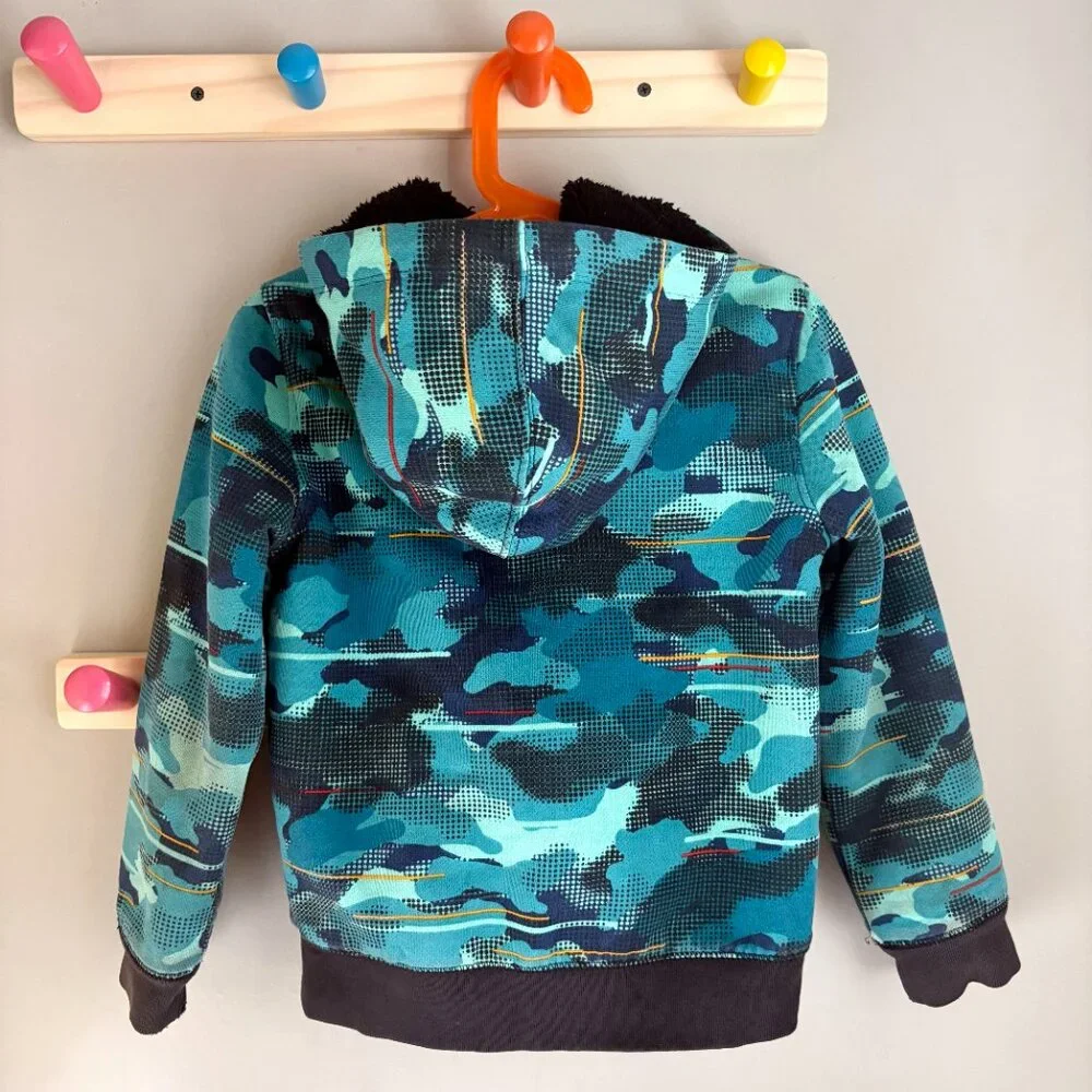 Lands' End Kids Reversible Sherpa Fleece Hoodie in Blue Graphic Camo Print